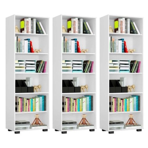 3 Estantes Livreiro 6 Prateleiras Office Branco Móveis Leão