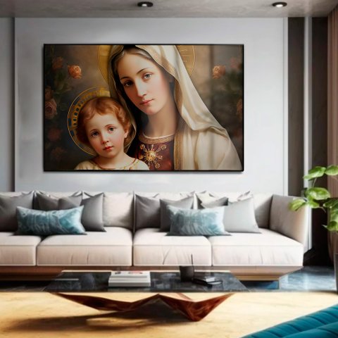 Quadro Decorativo Virgem Maria e o Menino Jesus em Moldura Caixa Tacolado Moldura Trad 1cm Branca Se