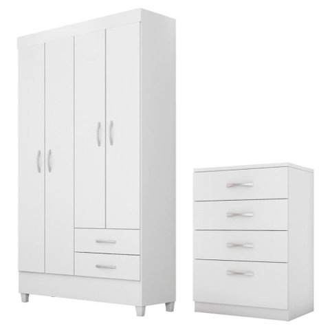 Kit Guarda Roupa Solteiro 4 Portas Astro Cômoda Astral - Branco