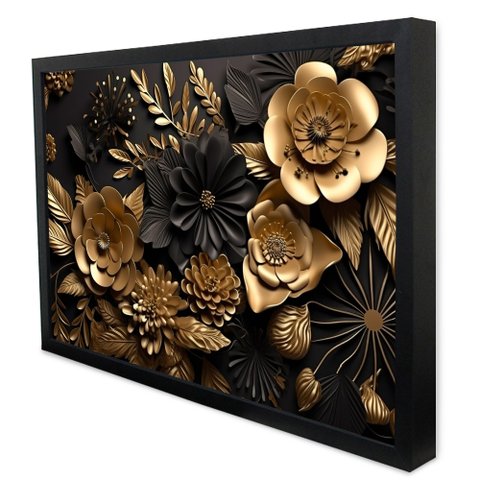 Quadro Decorativo Caixa Floral Luxo Flores Preto e Dourado Tacolado Moldura Caixa Alta 4,5cm Preta C