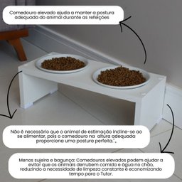 Comedouro Elevado Duplo Pet Gato Cachorro Mdf Nick - Porcelana - Branco - 3