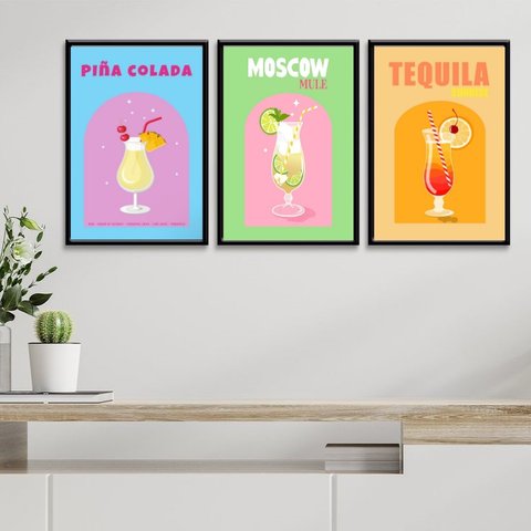 Kit 3 Quadros para Bar Drinks e Coquetéis 45x34cm:moldura Preta