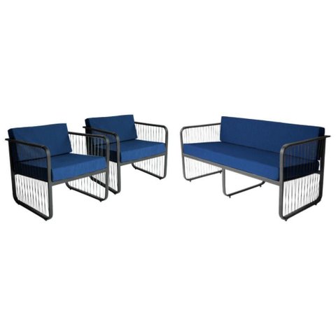 Conjunto 2 Poltronas e Namoradeira Fibra Sintética Santiago Preto-azul
