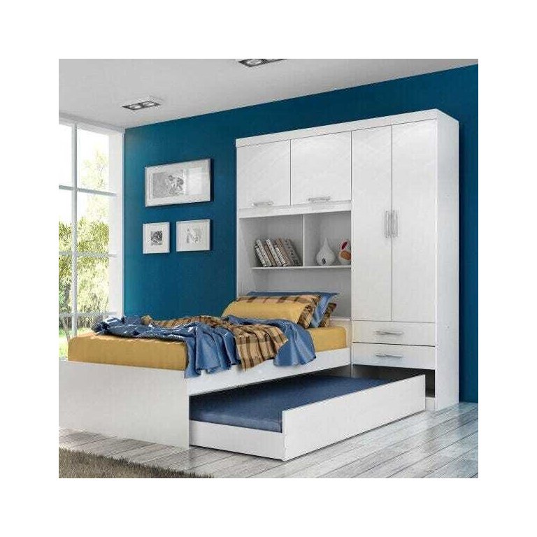 Guarda-Roupa Solteiro com Bicama e Bau 4 Portas 2 Gavetas Milena Acp Móveis