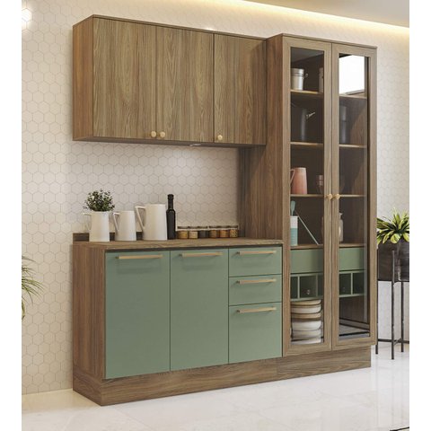 Armário de Cozinha Modulada Completa Reta 4 Peças 2,00m Botanic Kappesberg - Nogueira/verde Oliva