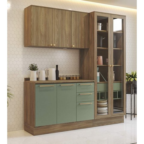 Armário de Cozinha Modulada Completa Reta 4 Peças 2,00m Botanic Kappesberg - Nogueira/Verde Oliva