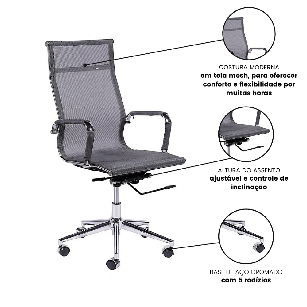 Cadeira Presidente Eames Escritório Esteirinha Tela Cinza - 3