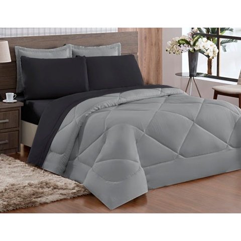 Kit Aconchego Edredom King dupla face Preto Cinza + Lençol com 6 peças