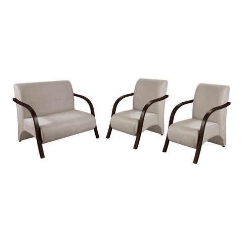 Conjunto Sevilha Namoradeira + 2 Poltronas Decorativa Braço De Madeira Recepção Sala - Suede Bege Cl