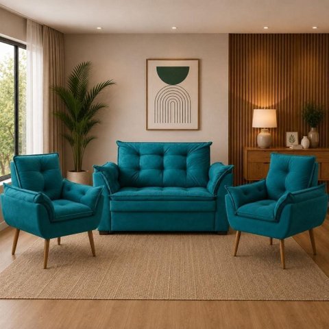 Sofá 2 Lugares e 2 Poltrona Decorativa para Sala de Estar Suede Azul Turquesa