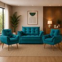 Ver imagem 1 de Sofá 2 Lugares e 2 Poltrona Decorativa para Sala de Estar Suede Azul Turquesa