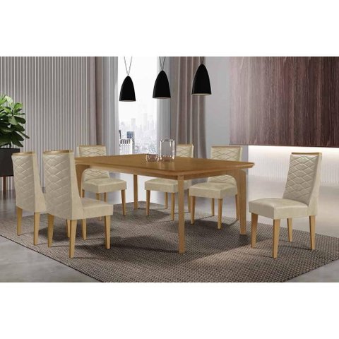 Conjunto: Mesa Sala Jantar Londrina Tampo Curvo 180cm+6 Cadeiras Dafne Madeira Naturale - Capuccino/