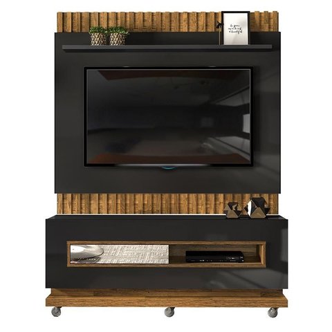 Rack Porta Basculante com Painel Ripado Pose para Tv de até 60” Preto Gloss/tronco Ripado - Pr Móvei