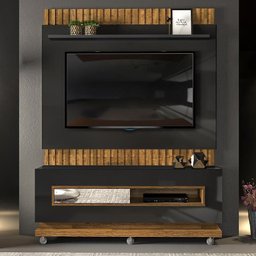 Rack Porta Basculante com Painel Ripado Pose para Tv de até 60” Preto Gloss/tronco Ripado - Pr Móvei - 2