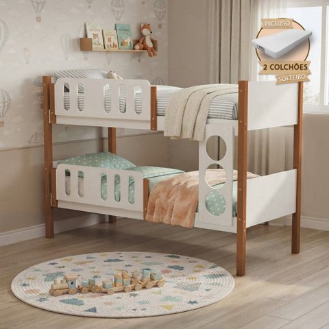 Beliche Solteiro Ônix Infantil MDF com 2 Colchões - Branco Mel