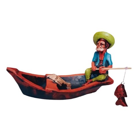 Boneco de Barro Pescador Barco Peixe Mar Praia