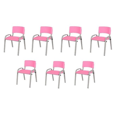 Kit 7 Cadeiras Infantil Iso, Escola, Base Cinza- Rosa