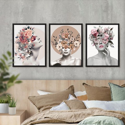 Kit 3 Quadros Decorativo de Moldura Preta 43x63cm Feminino Surreal Floral Quarto Abstrato - Hugart