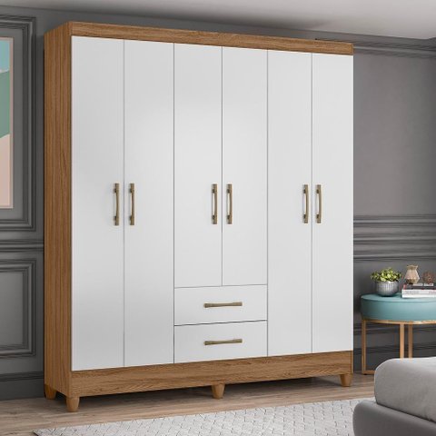 Guarda Roupa Casal 6 Portas e 2 Gavetas Naturale / Branco Panamá - Moval