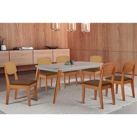 Sala Jantar Mesa Havana Tampo C/ Vidro Curvo 180cm+6 Cadeiras Havana Naturale/off White - Corano