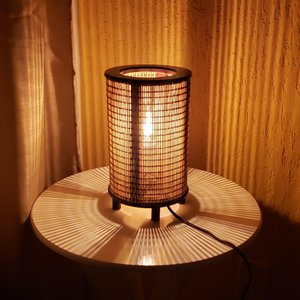 Abajur Luminária Cilíndrico Cúpula Madeira E Fibra Bambu