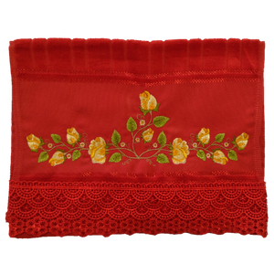 Toalha Bordada Lavabo De Mão Rosas e Ramos com Guipir. Cor Vermelho. Marca Dohler. Artesanalle