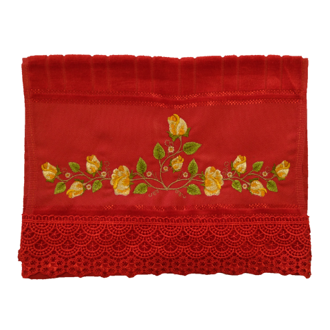 Toalha Bordada Lavabo De Mão Rosas e Ramos com Guipir. Cor Vermelho. Marca Dohler. Artesanalle