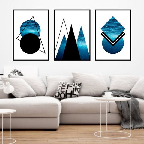 Kit 3 Quadros Geométrico Mar 24x18cm - com vidro:Madeira preta