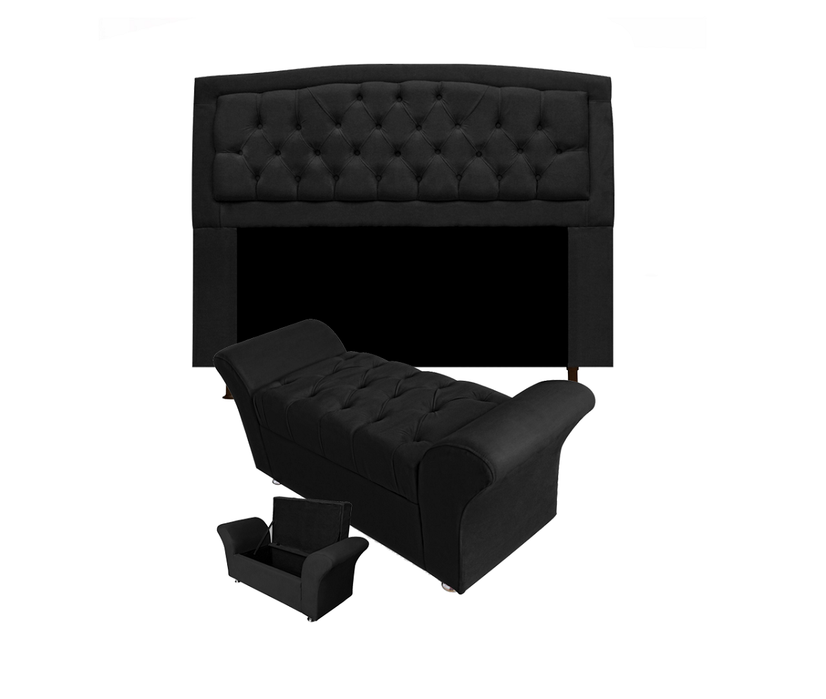 Conjunto Cabeceira Geovana e Recamier Veneza Baú King 195 Cm Corano Preto - Incasa Decor