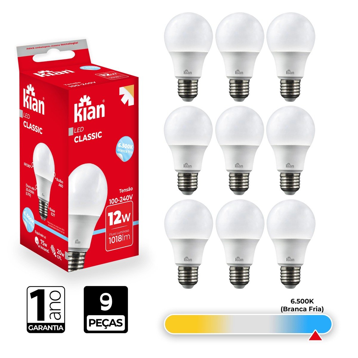 Lâmpada Led Bulbo Kian 12w 6500k Branca Fria 9 Peças - 2