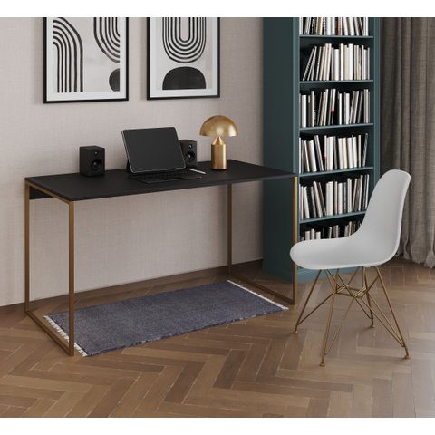 Escrivaninha Industrial Grécia 120x53 Ferro Dourado Tampo Preto
