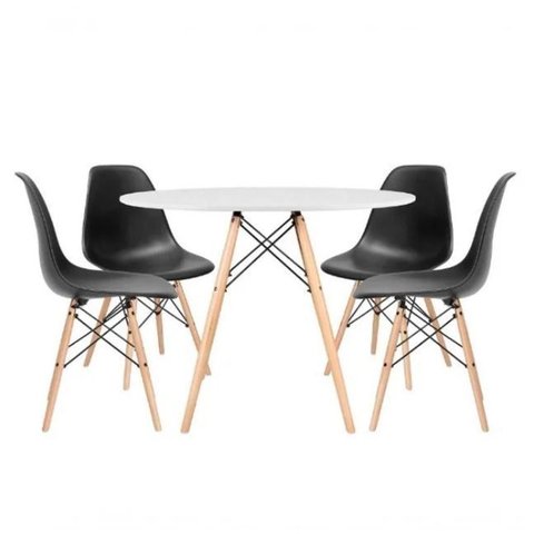 Mesa de Jantar Redonda Eiffel 90cm Branca com 4 Cadeiras Charles Eames Pretas - Design Moderno, Base