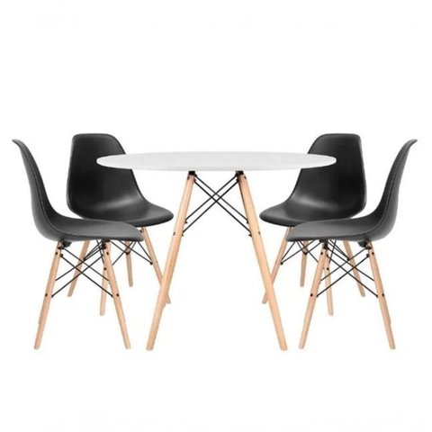 Mesa de Jantar Redonda Eiffel 90cm Branca com 4 Cadeiras Charles Eames Pretas - Design Moderno, Base