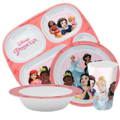 Kit Refeição Infantil Princesas Disney 4 Peças Pratos e Copo
