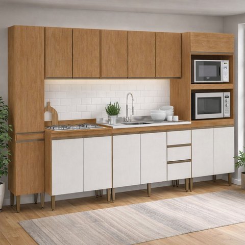 Armário de Cozinha Completa Modulada com Paneleiro 6 Peças 3,20m Essenza Móvel na Caixa
