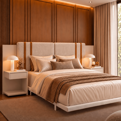 Cabeceira Flex Casa Queen Estofada com Duas Mesas de Cabeceira c/ Nicho:Off White/Linho Bege