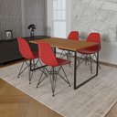 Ver imagem 1 de Mesa Industrial Base Ferro Preto 137x90 Tampo Canela 4 Cadeiras Eiffel Ferro Preto Assento Vermelho