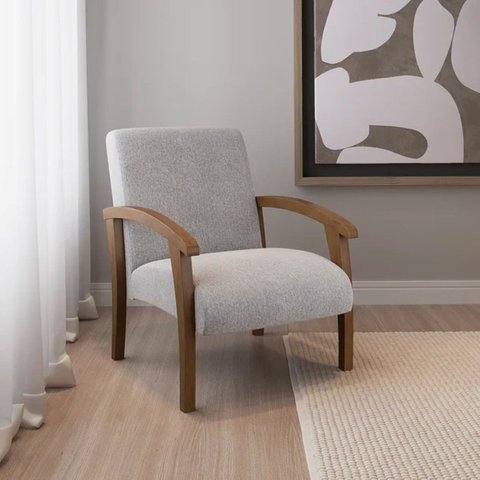 Poltrona para Sala Tecido Linho Braços Madeira Maciça Mia