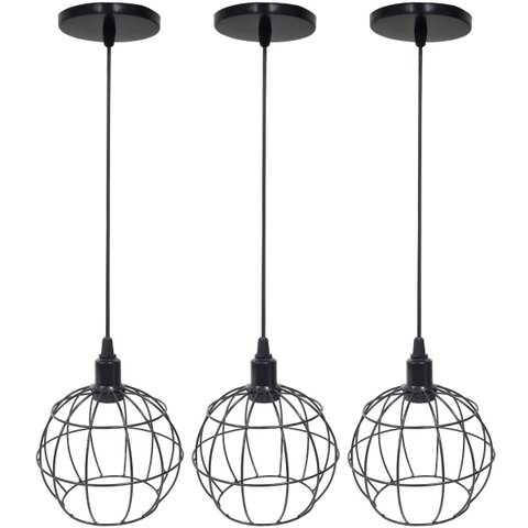 3 Pendentes Aramado Globo Luminária Lustre Luxo Teto Retrô Vintage Preto Agp Ilumini Industrial