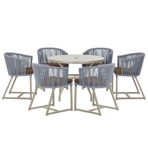 Mesa com 6 Cadeiras de Jantar Roma 120cm e Noronha em Alumínio Fendi Corda Náutica Estofado 9 Trama