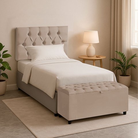 Cabeceira Solteiro Paris Estofada Painel com Recamier Baú 80cm para Cama Box Bege - Arkell