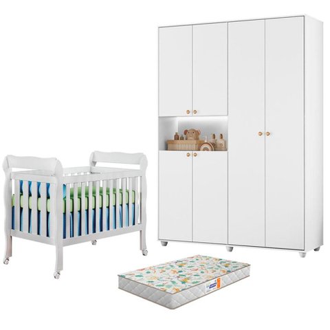 Berço Americano Lila com Colchão e Guarda Roupa Infantil Vittoria Branco 6 Portas - Móveis Albatroz