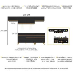 Armário De Cozinha 260cm Com Leds Multimóveis Preto/dourado - 6