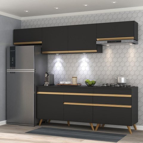 Armário De Cozinha 260cm Com Leds Multimóveis Preto/dourado