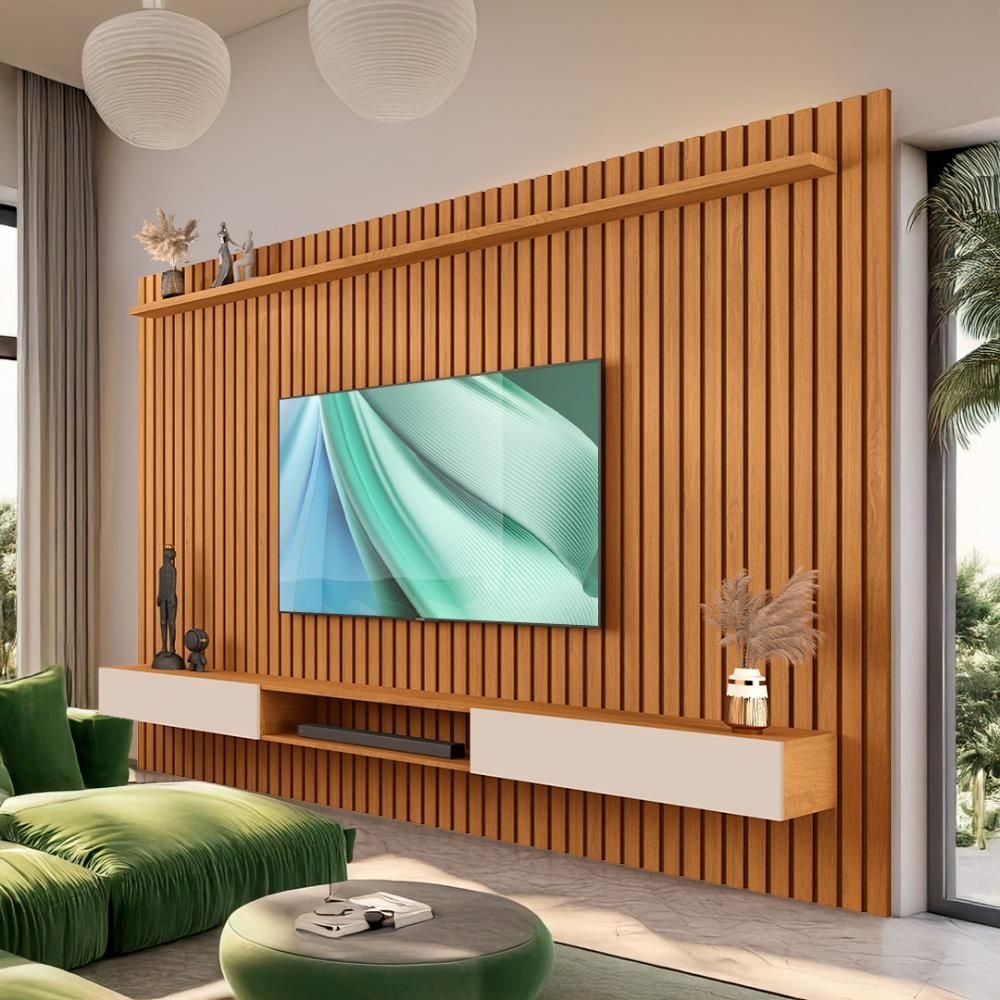 Painel Ripado com Rack Suspenso Tv até 75 Polegadas 1.8 Nature Off White Veridian Shop Jm