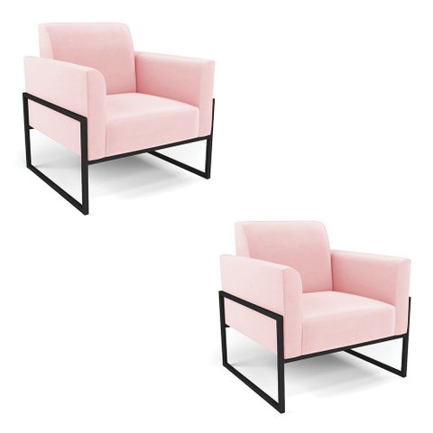 Kit 2 Poltronas Base Industrial Alta Preto Marisa Suede Rosa Bebê D03 - D’Rossi
