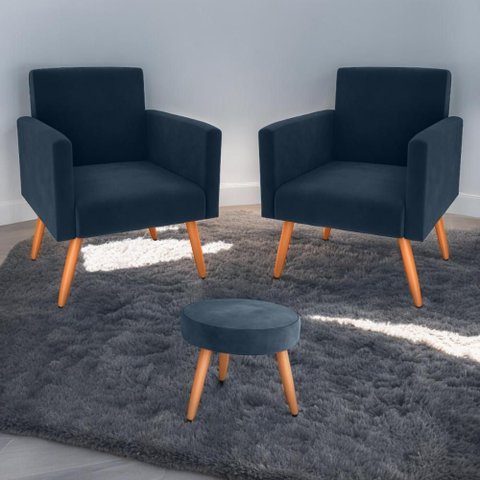 Conjunto Poltronas e Puff Anari Veludo Azul
