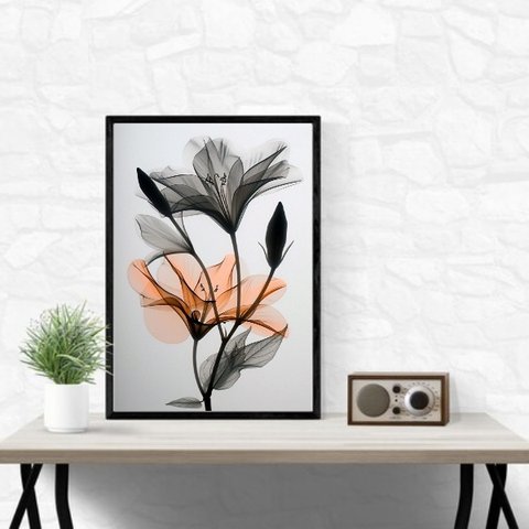 Quadro Moderno Flores Cinza e Laranja 24x18cm:moldura Branca