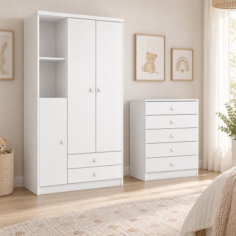 Jogo de Quarto Infantil Bala de Menta com Guarda Roupa e Cômoda Branco - Móveis Henn