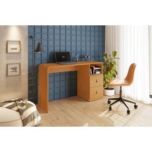 Mesa de Estudo Alice 2 Gavetas com Puxadores de Couro Acamento Arredondado:cinamomo